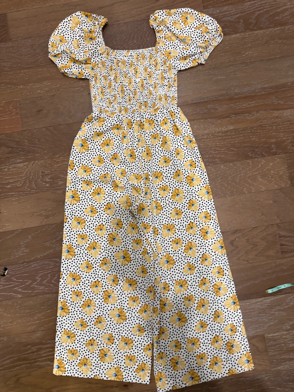 Yellow Floral Puff-Sleeve Smocked Jumpsuit